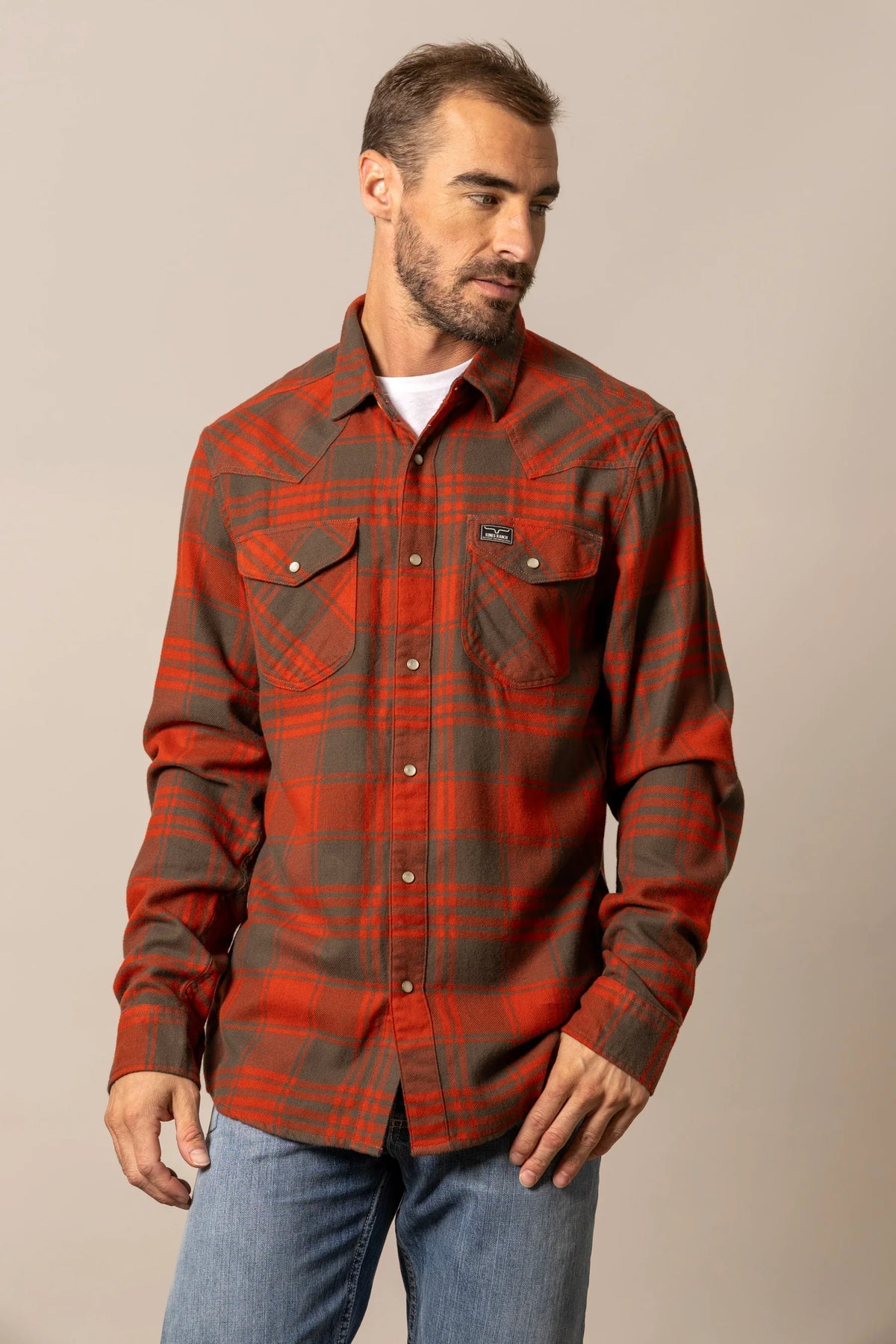 Kimes Ranch Biggie Flannel dress shirt in Brick Red with a plaid pattern and two chest pockets