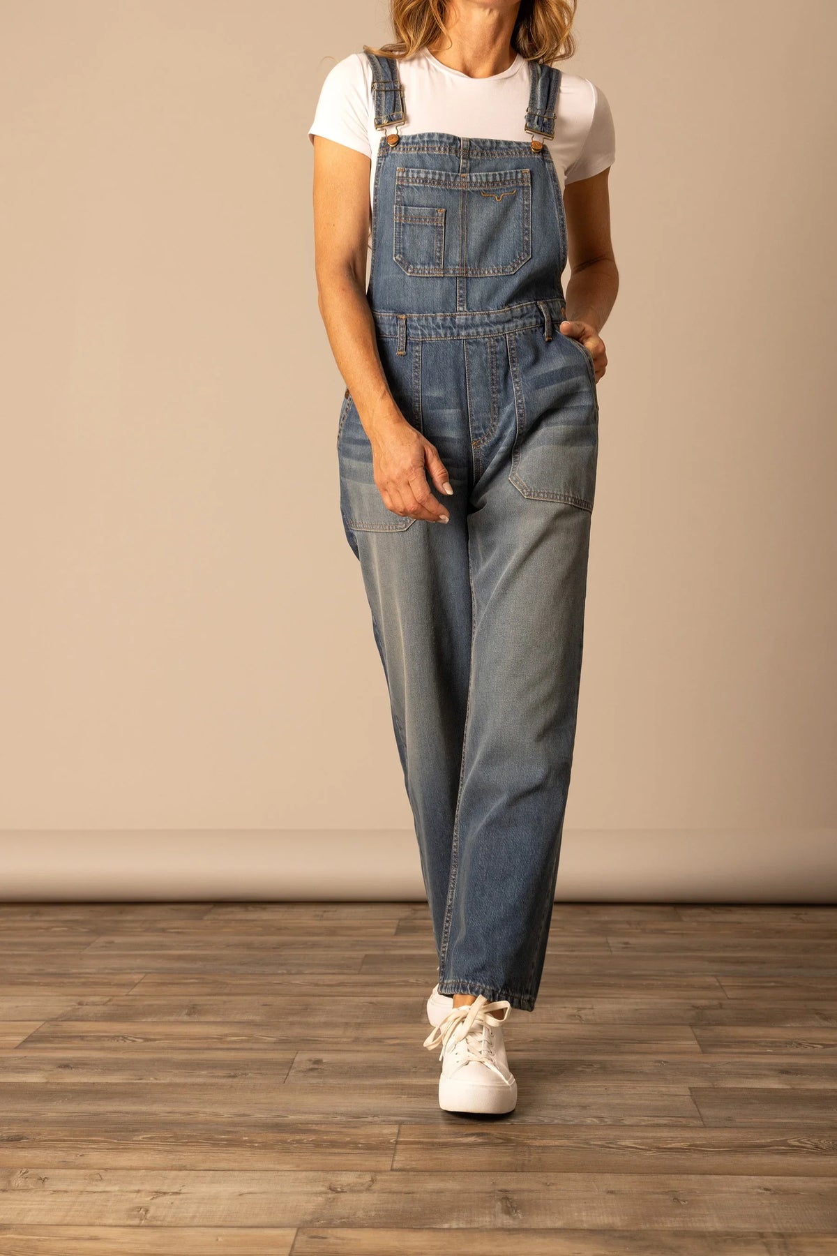 Kimes Ranch Billy Overalls in Dark Wash with front bib pocket and adjustable straps