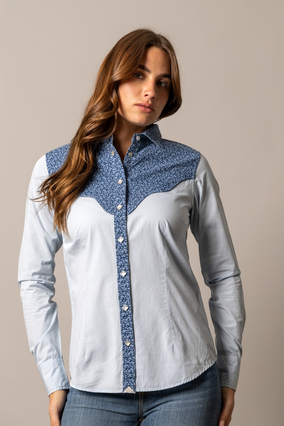 Kimes Ranch Birdie top in Light Blue with a floral yoke and front placket