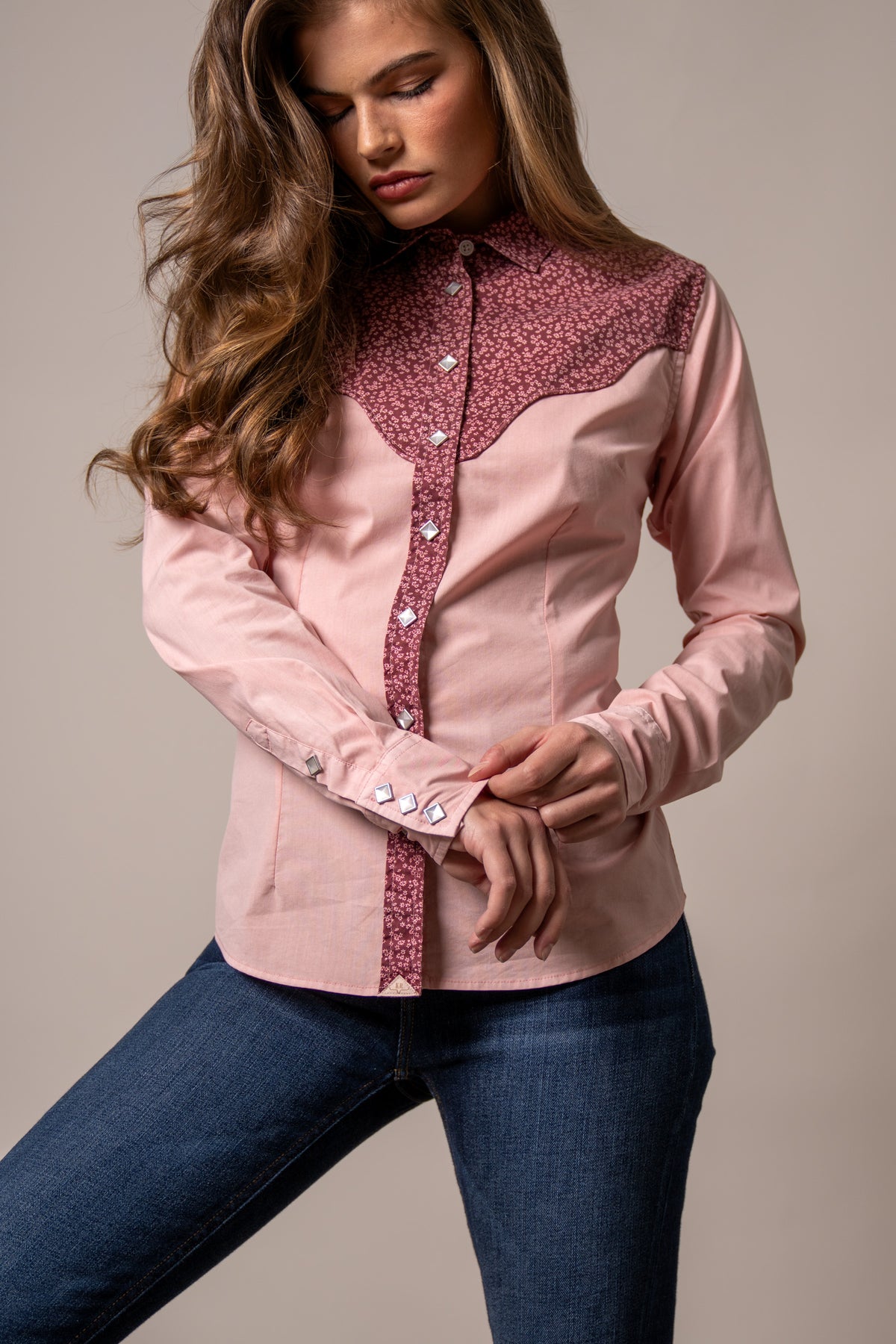 Kimes Ranch Birdie top in Light Pink with a floral print yoke and button placket