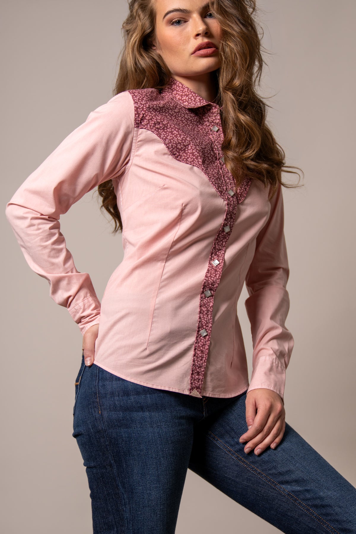 Kimes Ranch Birdie top in Light Pink with a floral print yoke and collar