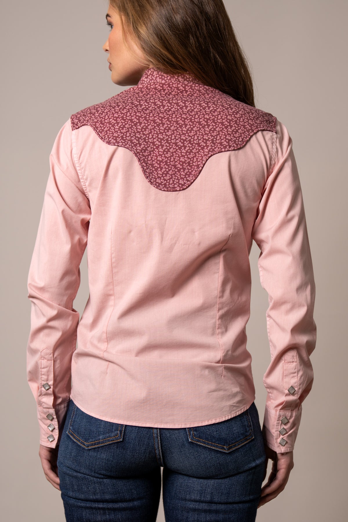 Kimes Ranch Birdie top in Light Pink, back view, with a floral yoke and snap cuffs