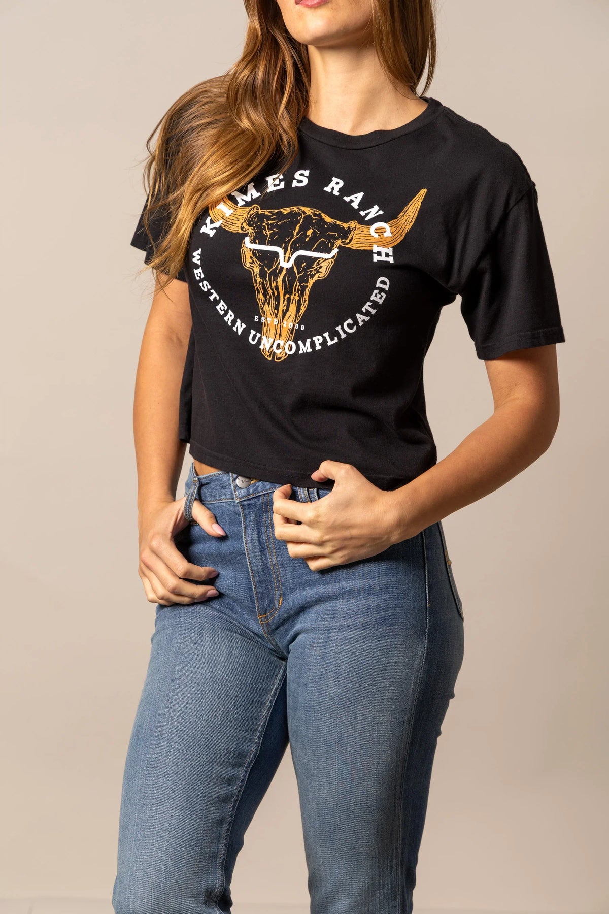 Kimes Ranch Bison Skull shirt in Black with a graphic of a longhorn skull and Western Uncomplicated text