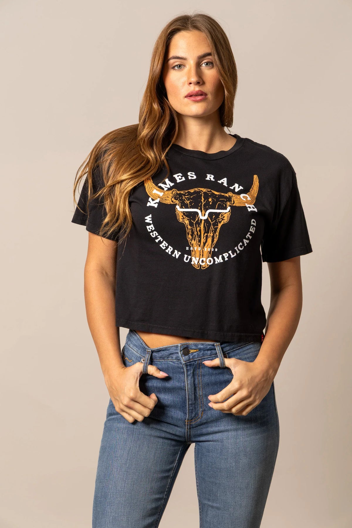 Kimes Ranch Bison Skull shirt in Black with a graphic print of a steer skull and the text Western Uncomplicated