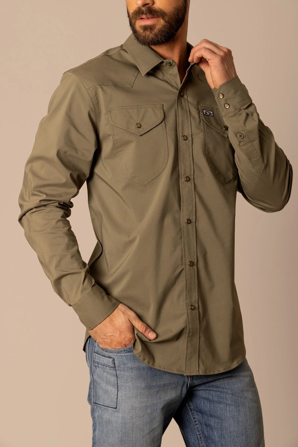 Kimes Ranch Blackout Dress Shirt in Army with western yoke, two button flap pockets, and Kimes Ranch logo patch
