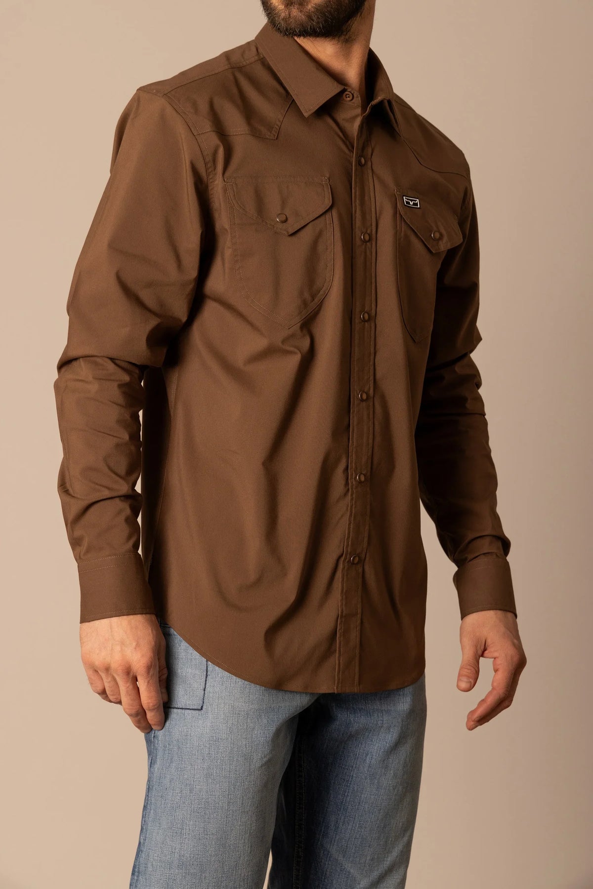Kimes Ranch Blackout Dress Shirt in Brown with long sleeves, button front, and two chest pockets