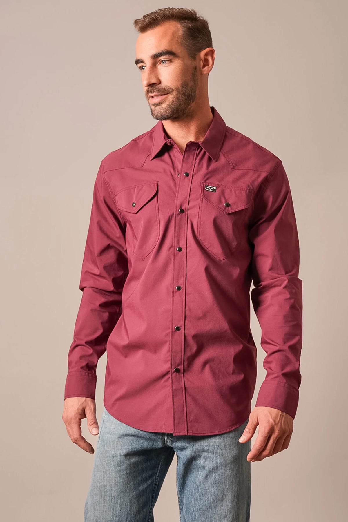 Kimes Ranch Blackout Dress Shirt in Burgundy with a western yoke and two chest pockets