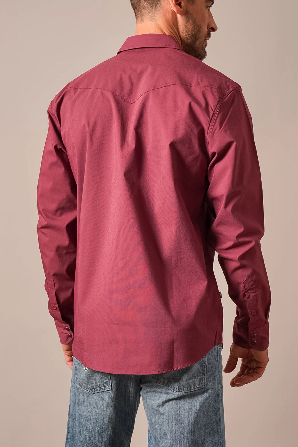 Kimes Ranch Blackout Dress Shirt in Burgundy, back view, with a back yoke and long sleeves