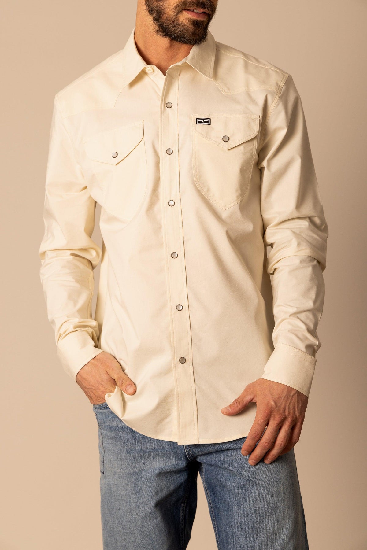 Kimes Ranch Blackout Dress Shirt in Natural with a button front and two chest pockets