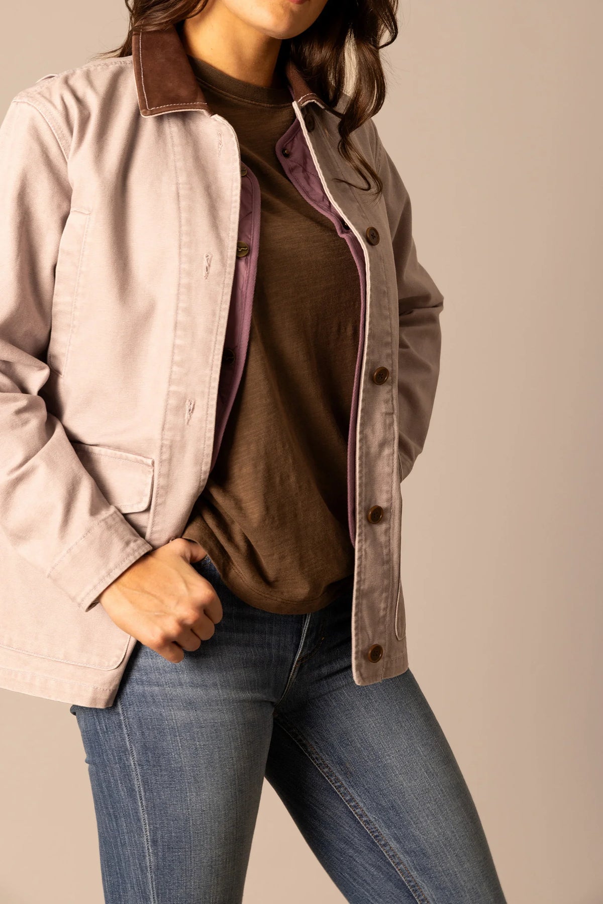 Kimes Ranch Blake Field Coat in Pewter with a brown collar and purple quilted lining