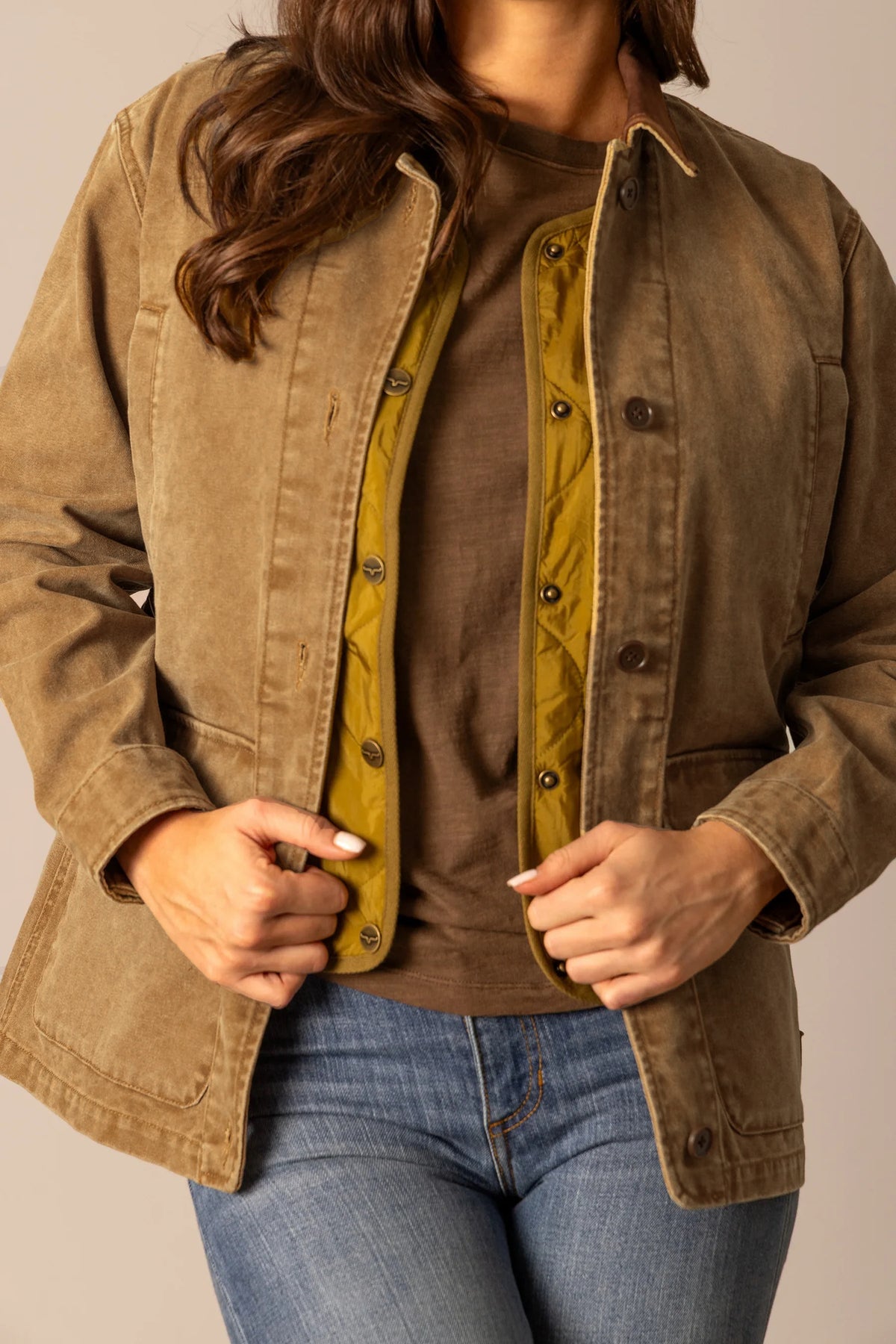 Kimes Ranch Blake Field Coat in Work Wear Brown with quilted mustard lining and snap closure