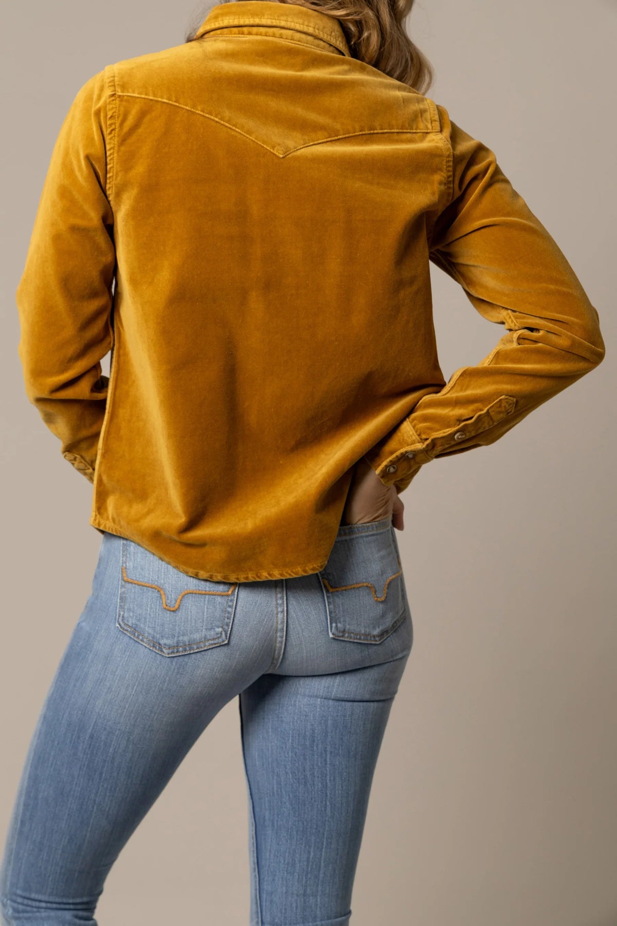 Kimes Ranch Bonnie top in Work Wear Brown, back view, with long sleeves and a back yoke