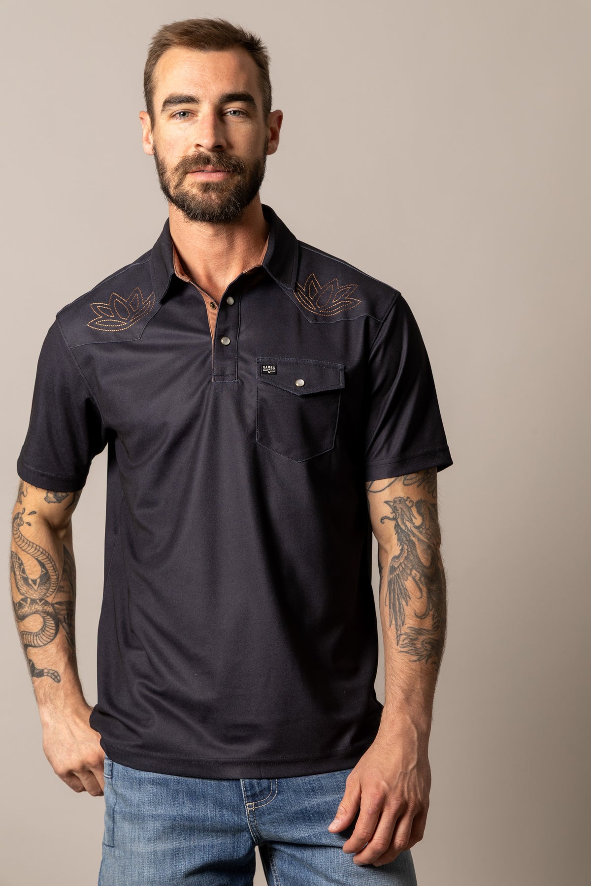 Kimes Ranch Bowman polo in Black with embroidered yoke and chest pocket
