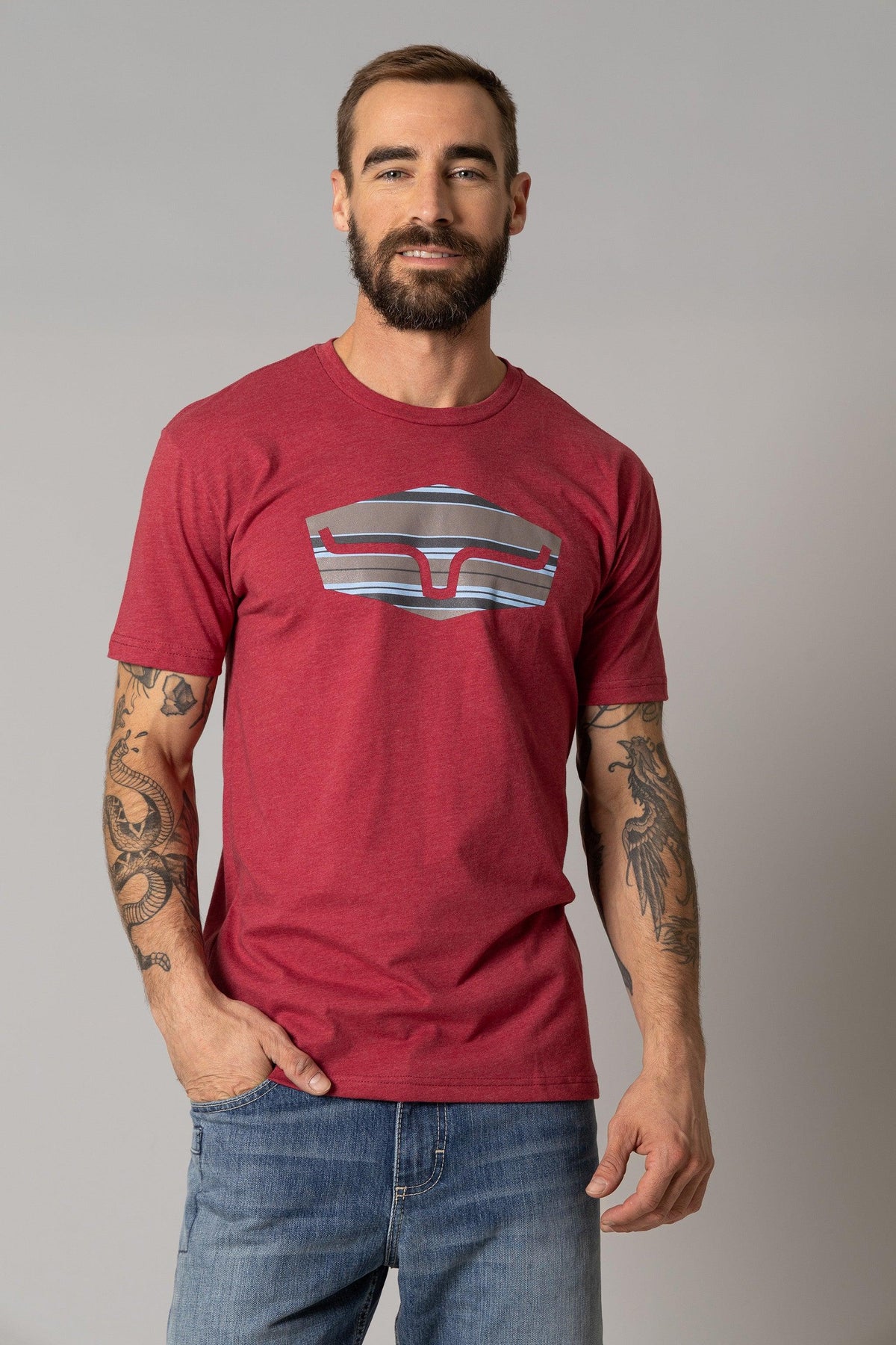 Kimes Ranch Box Seats Striped shirt in Cardinal with a stylized steer logo on the chest