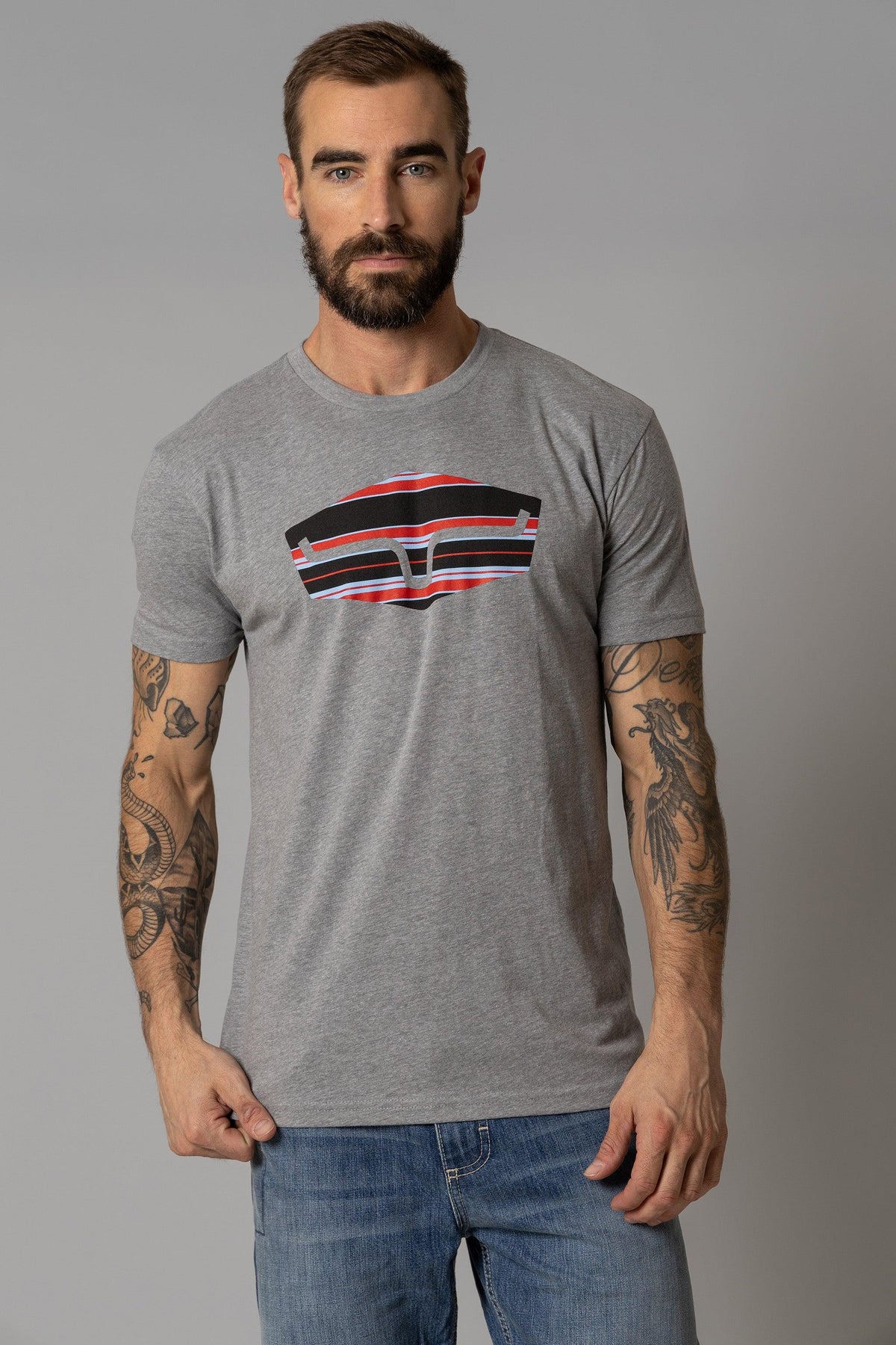 Kimes Ranch Box Seats Striped shirt in Dark Grey Heather with a chest graphic of a striped stadium seat