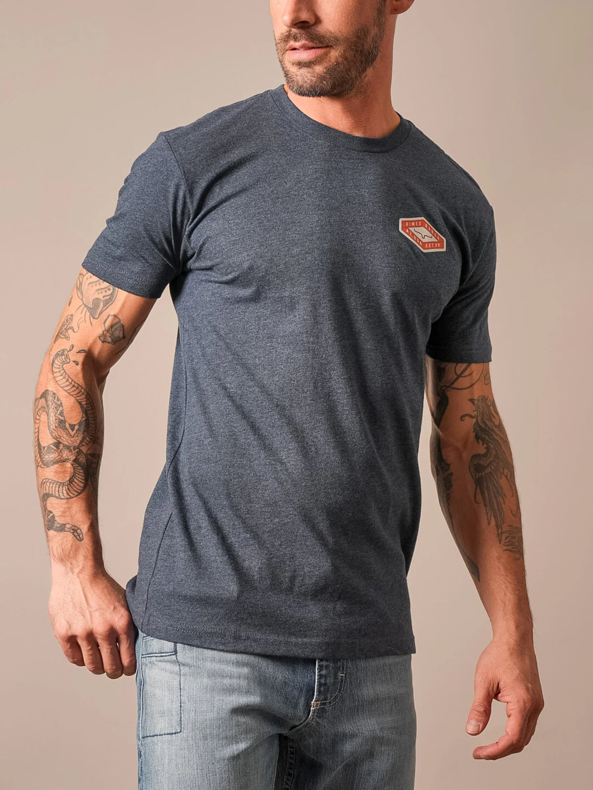 Kimes Ranch Boxer shirt in Midnight Navy with a short sleeve crew neck and the Kimes Ranch logo on the chest