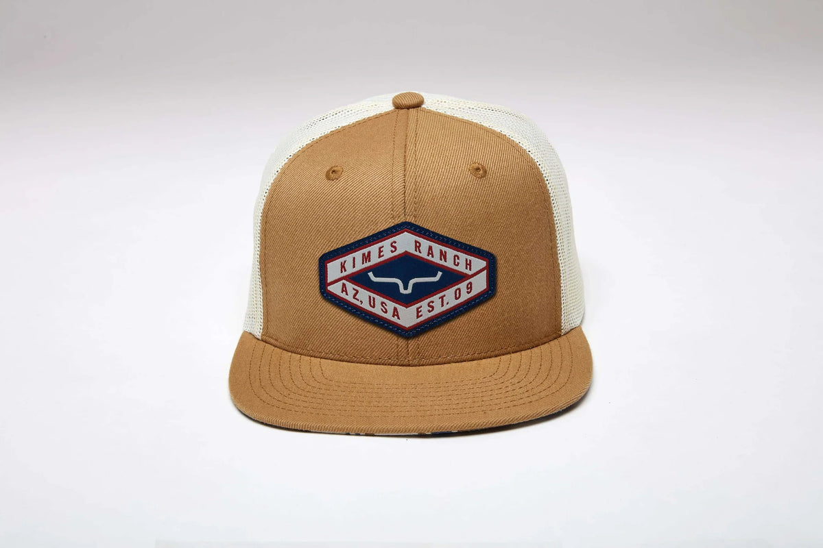 Kimes Ranch Boxer Trucker hat in Work Wear Brown with a front embroidered logo patch