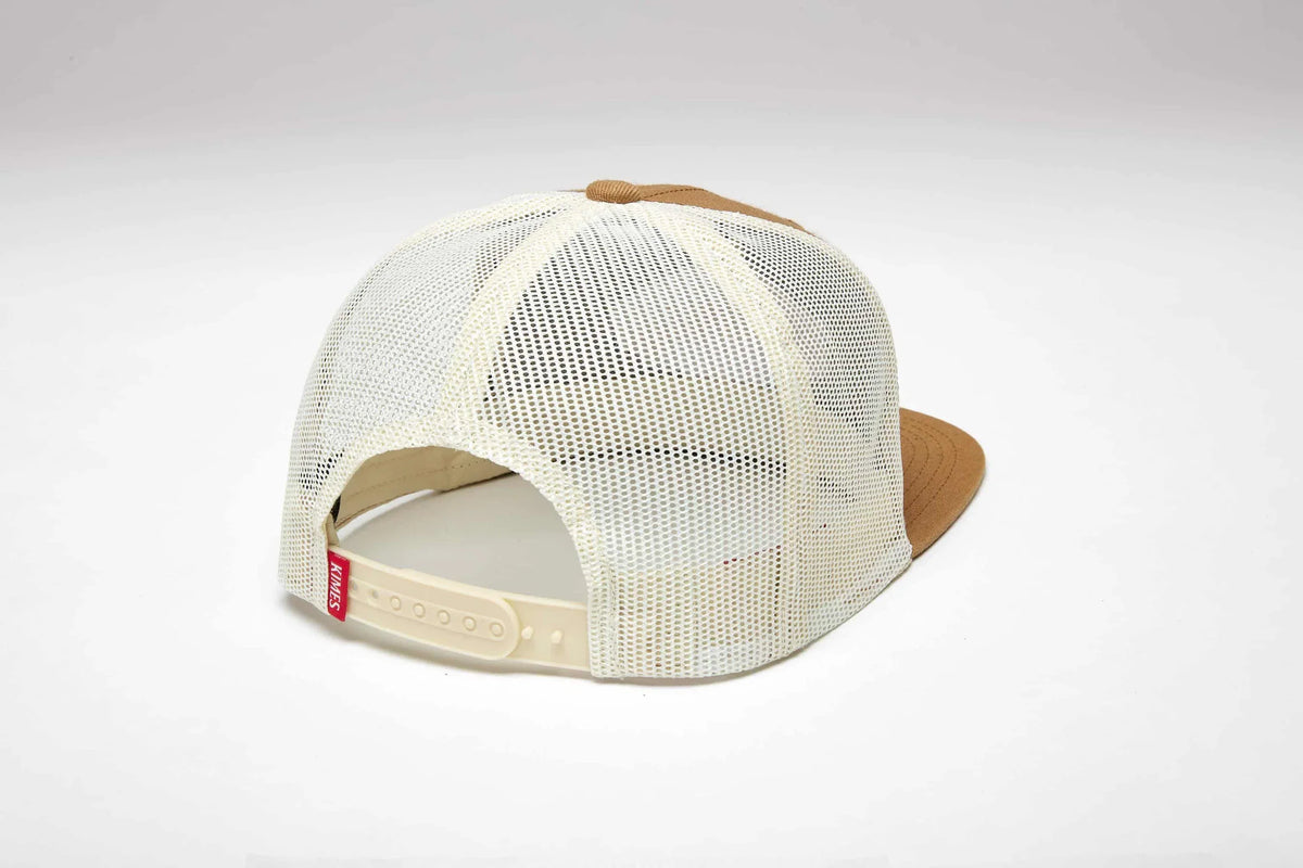 Kimes Ranch Boxer Trucker hat in Work Wear Brown, back view, with white mesh back and adjustable strap