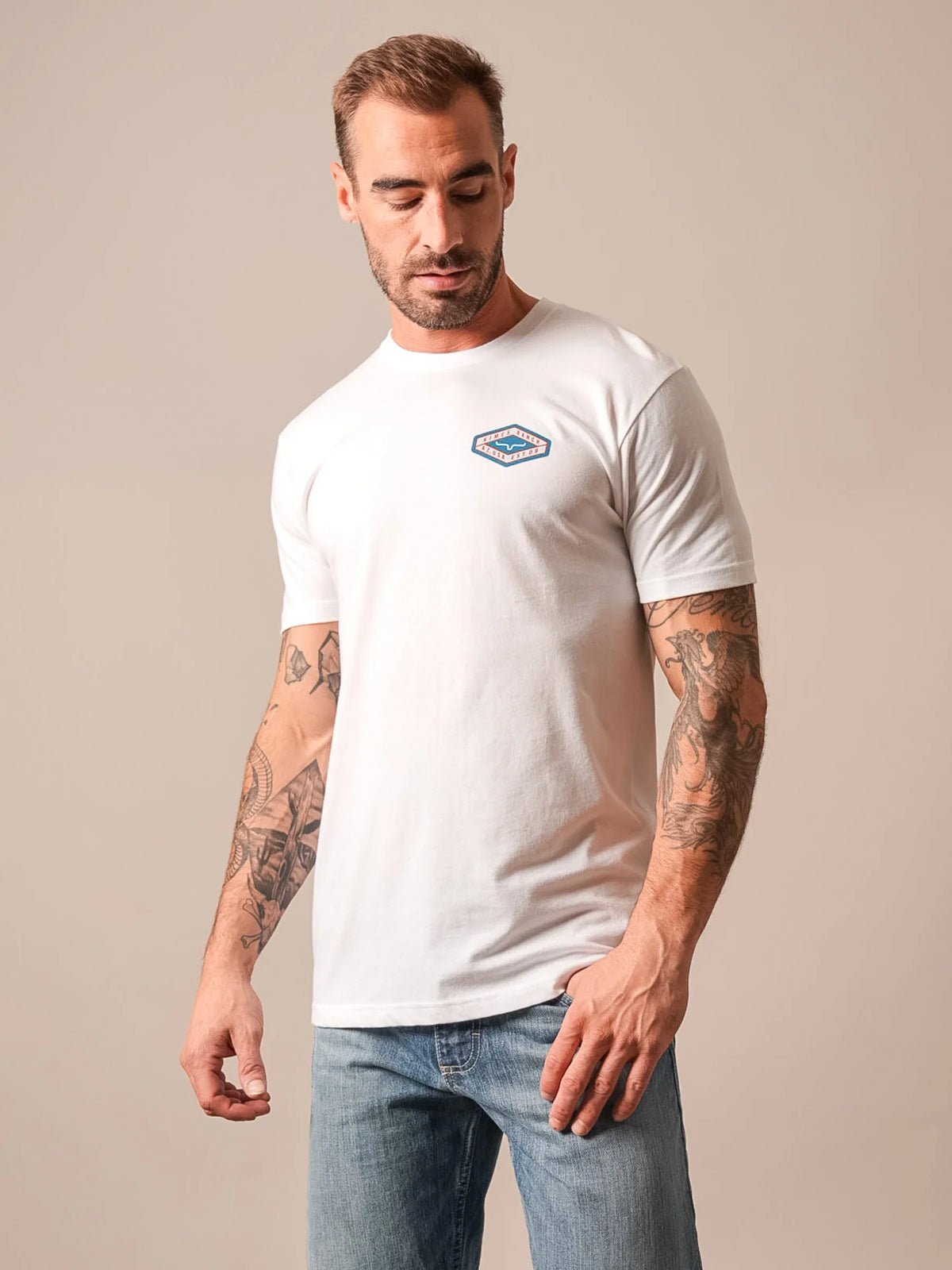 Kimes Ranch Boxer shirt in White with a small blue and red logo on the chest