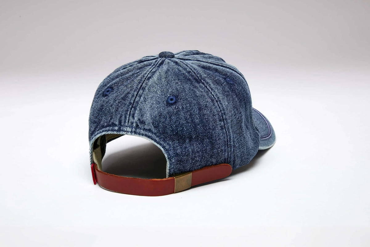 Kimes Ranch Branded KR hat in Blue, back view, with a brown back strap