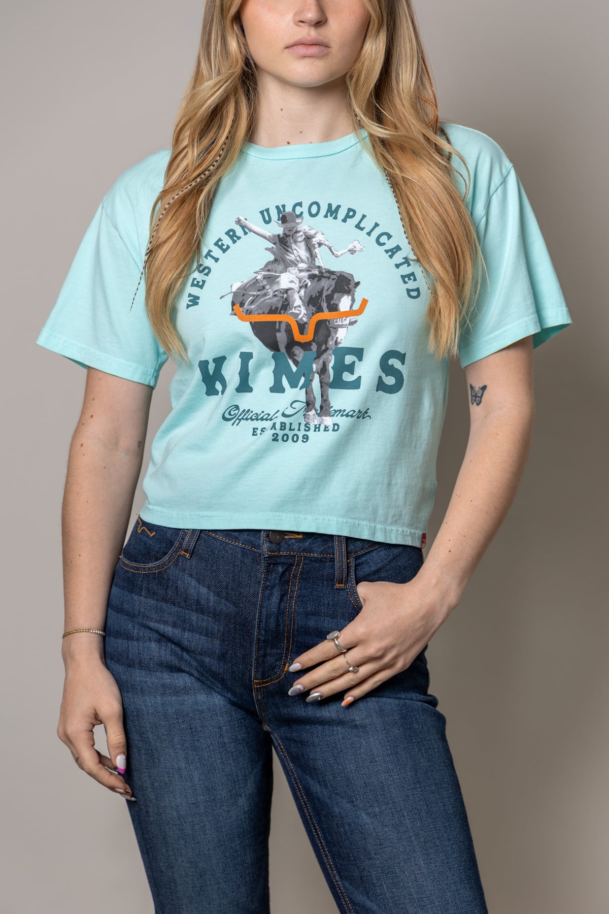 Kimes Ranch Break Through Mint short sleeve shirt with Western Uncomplicated graphic and Established 2009 text
