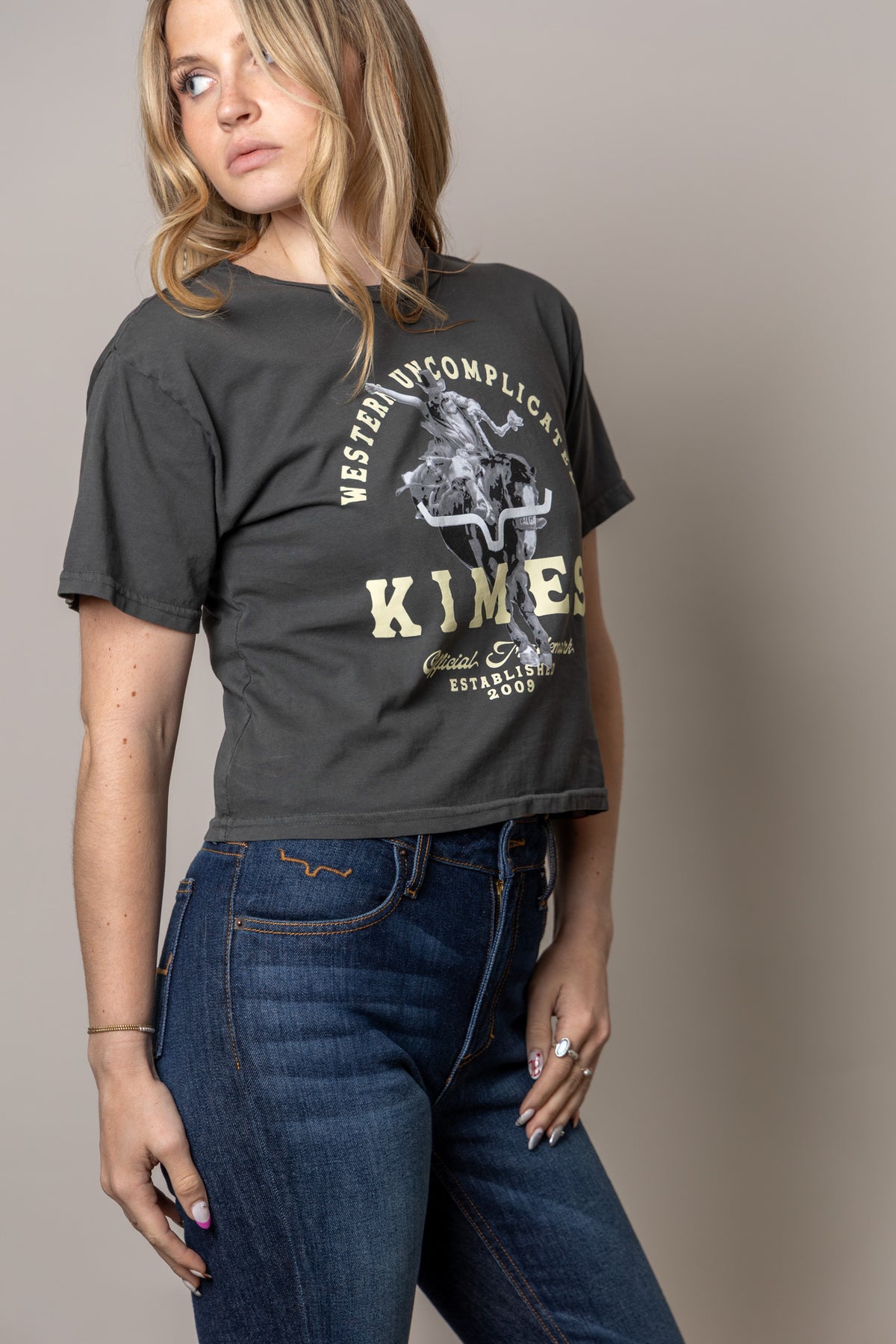 Kimes Ranch Break Through shirt in Pepper with a graphic of a cowboy on a bucking horse with Western Uncomplicated Kimes text