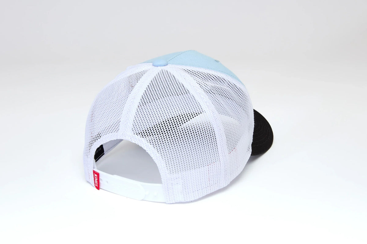 Kimes Ranch Brighton hat in Light Blue, back view, with white mesh back and black brim