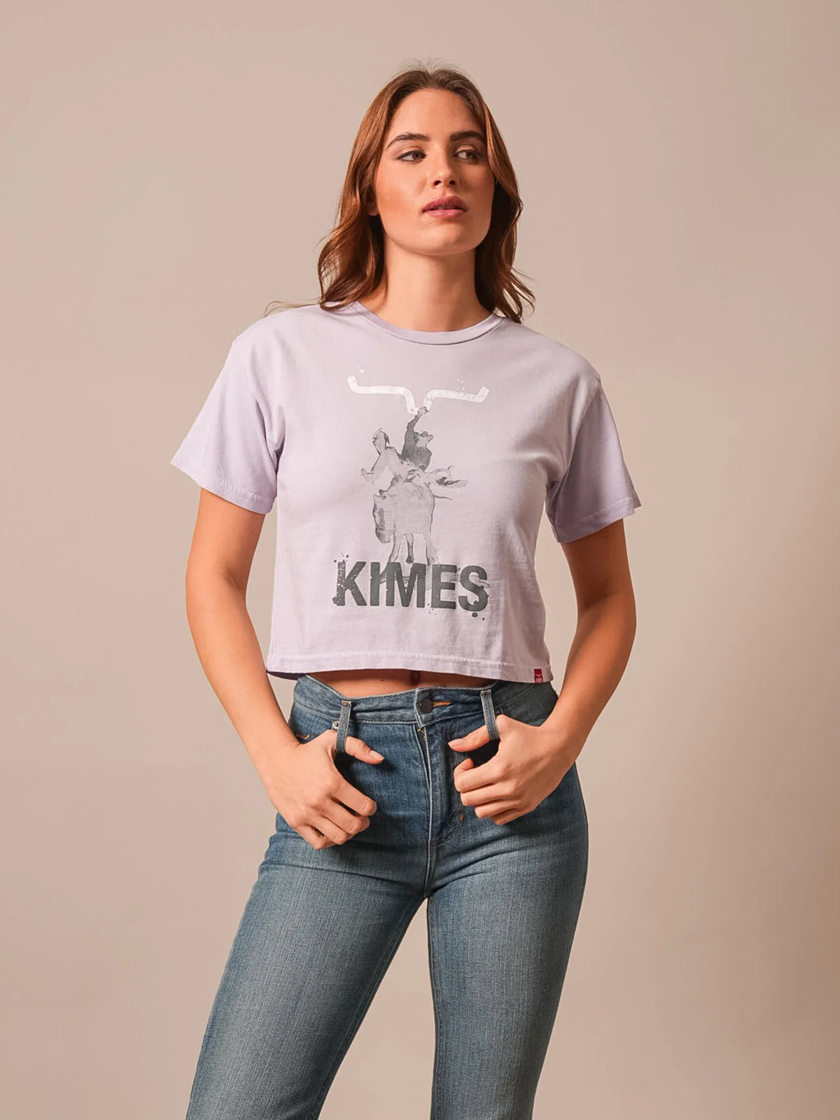 Kimes Ranch Bucks shirt in Lavender with a graphic print of a steer and the word KIMES