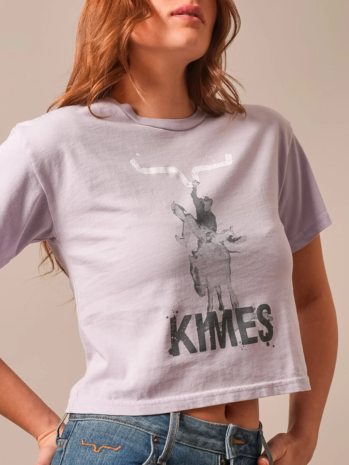 Kimes Ranch Bucks shirt in Lavender with a graphic of a buck and the word KIMES