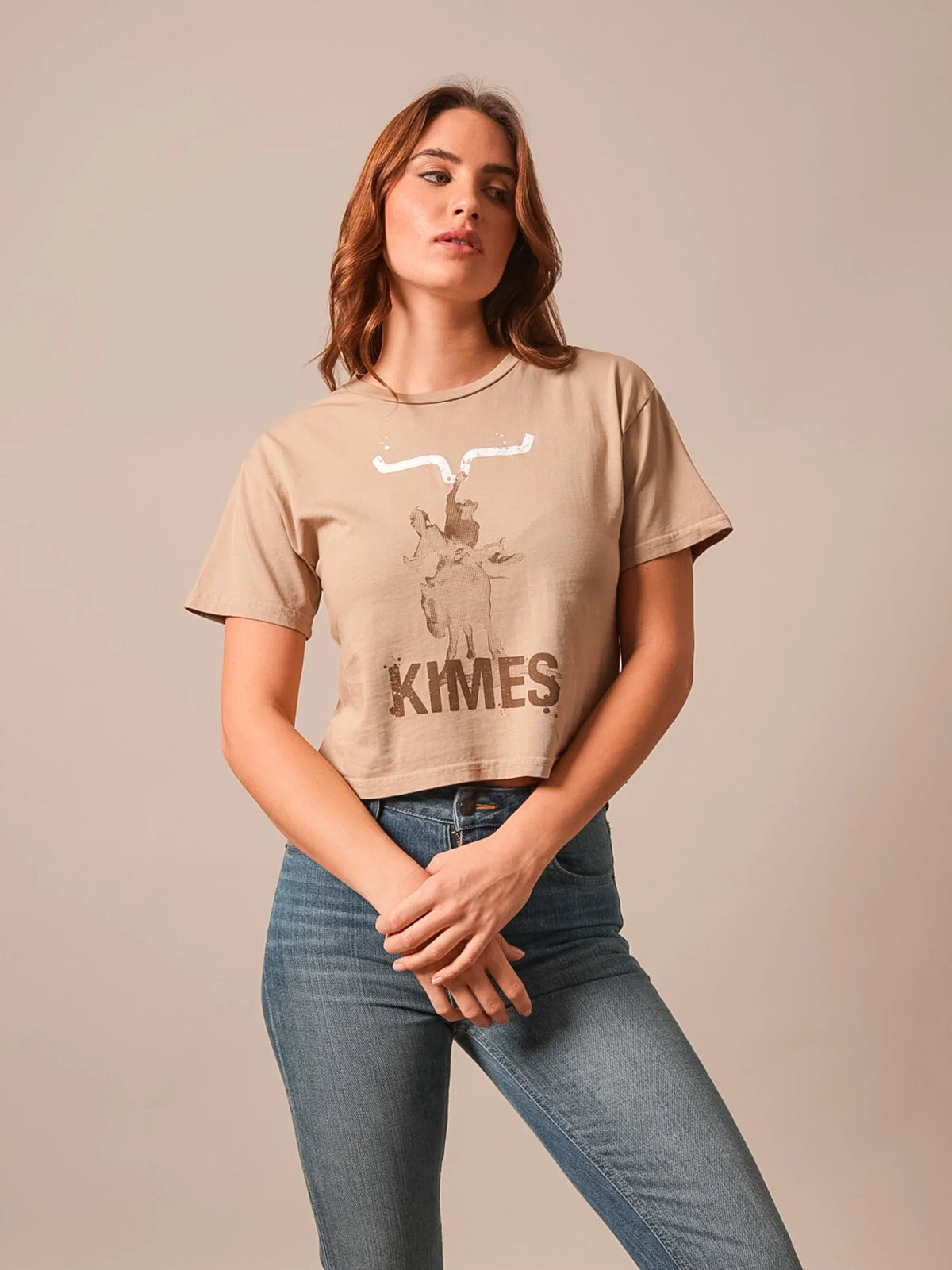 Kimes Ranch Bucks shirt in Tan with a graphic of a longhorn steer and the word KIMES