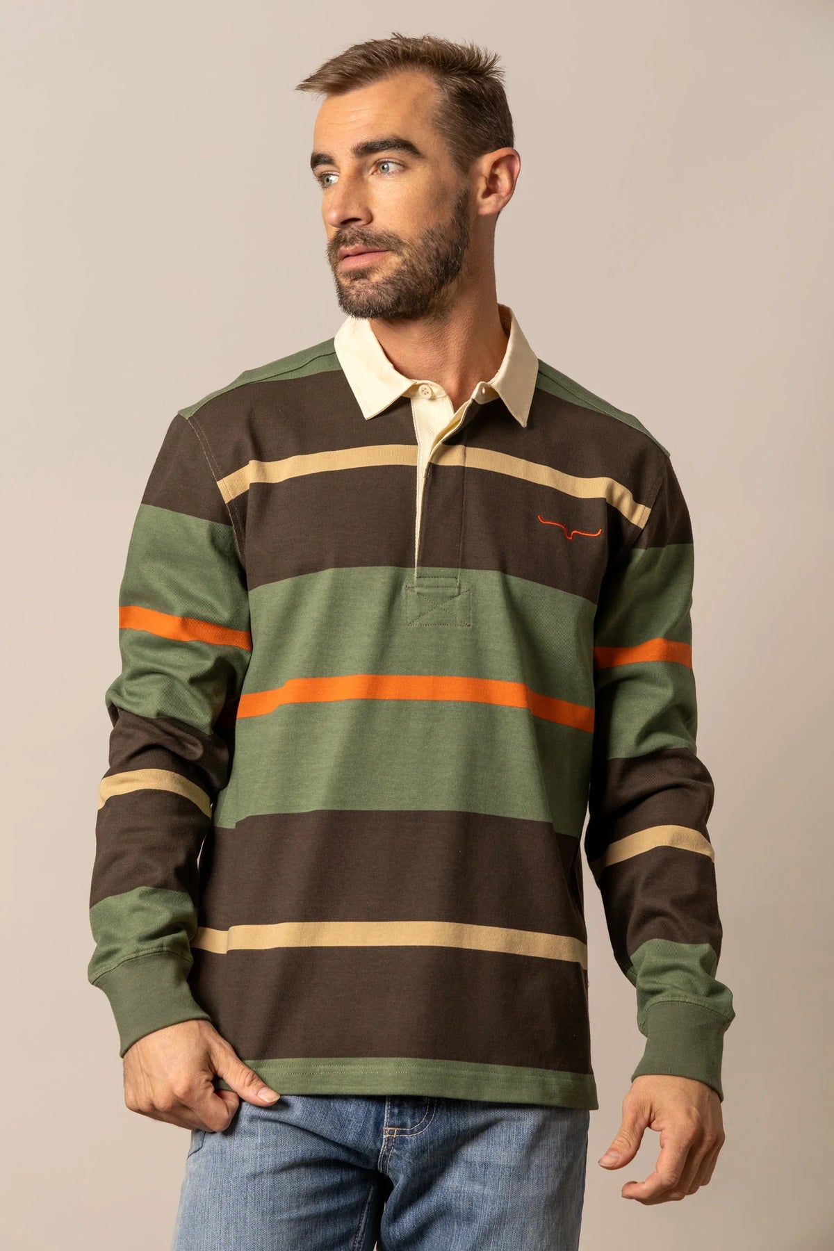 Kimes Ranch Bulldog Rugby polo in Army Green with brown and tan horizontal stripes and a cream collar