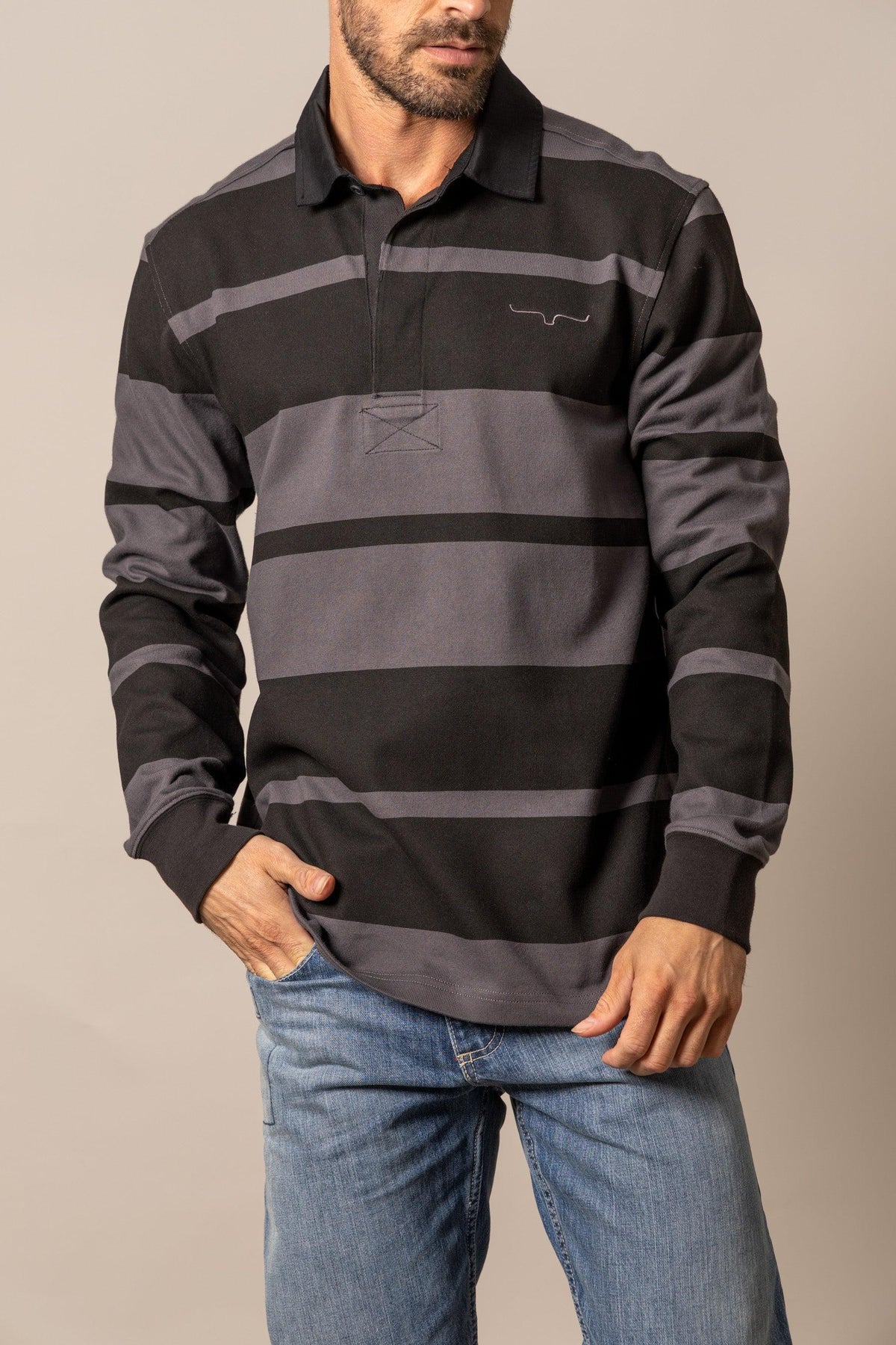Kimes Ranch Bulldog Rugby polo in Black with grey horizontal stripes and a chest logo