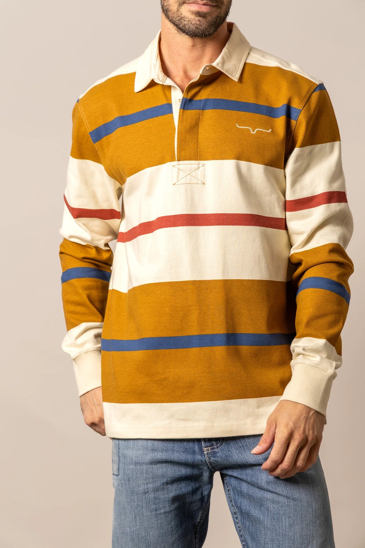 Kimes Ranch Bulldog Rugby polo in Work Wear Brown with blue and red stripes and a collar