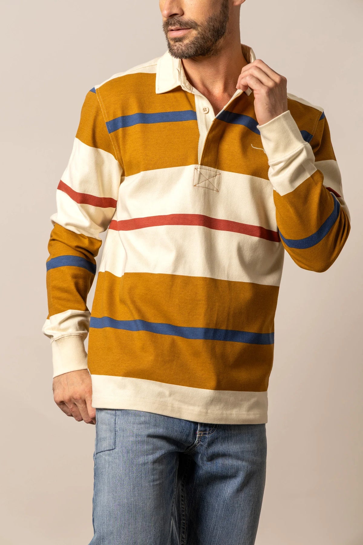 Kimes Ranch Bulldog Rugby polo in Work Wear Brown with wide cream, blue and red horizontal stripes