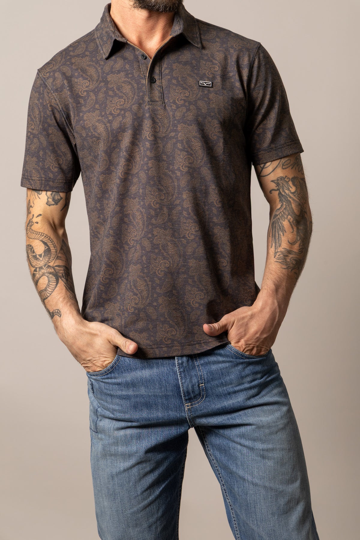 Kimes Ranch Burel polo shirt in Black with an all-over paisley print and a small logo on the chest