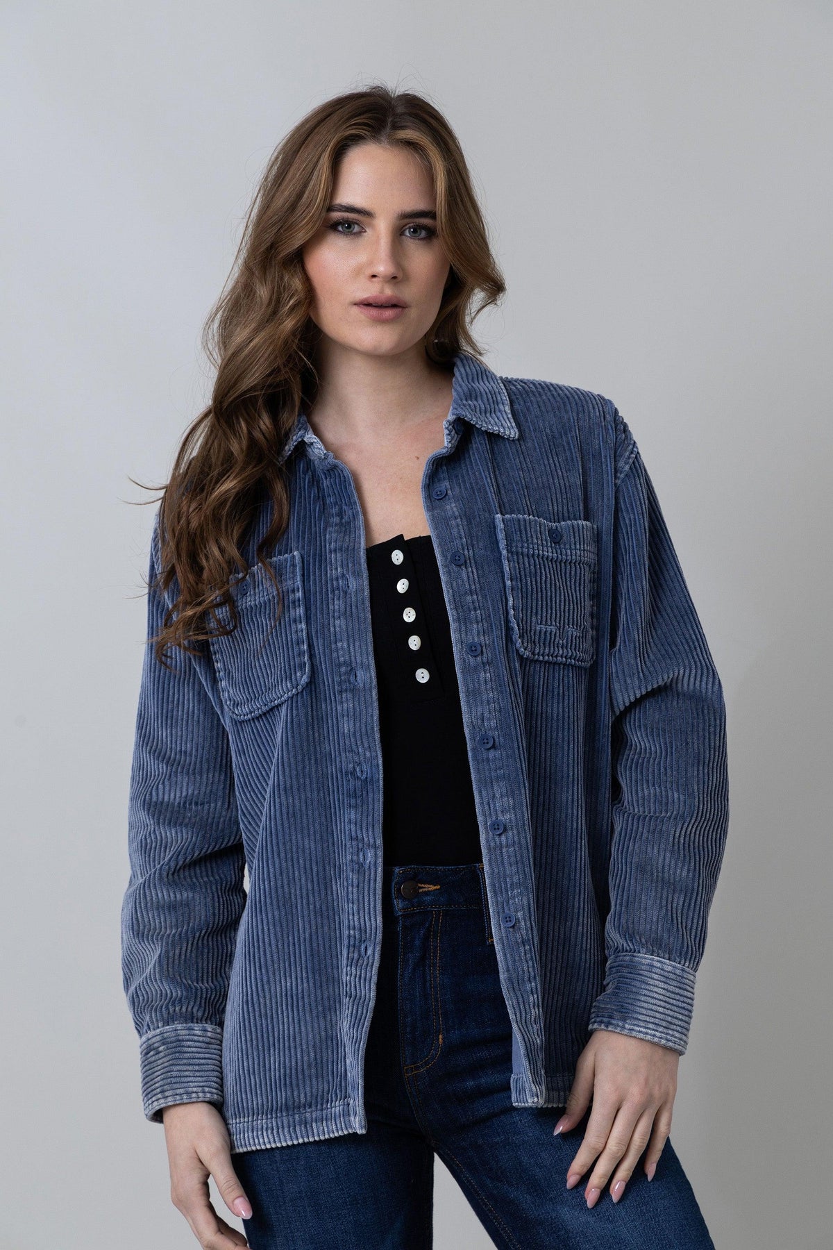 Kimes Ranch Luna Cord top in Slate with a collar, front pockets, and long sleeves