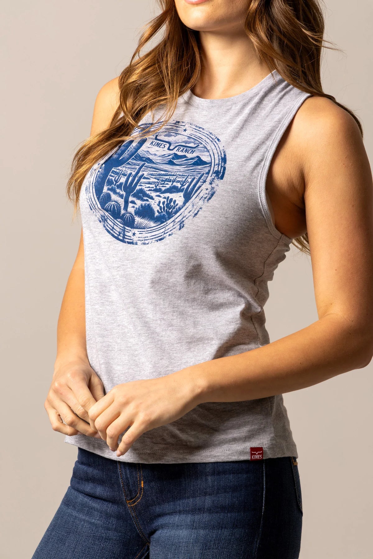 Kimes Ranch Cactus Prairie shirt in Dark Grey Heather, side view, with a blue cactus prairie graphic