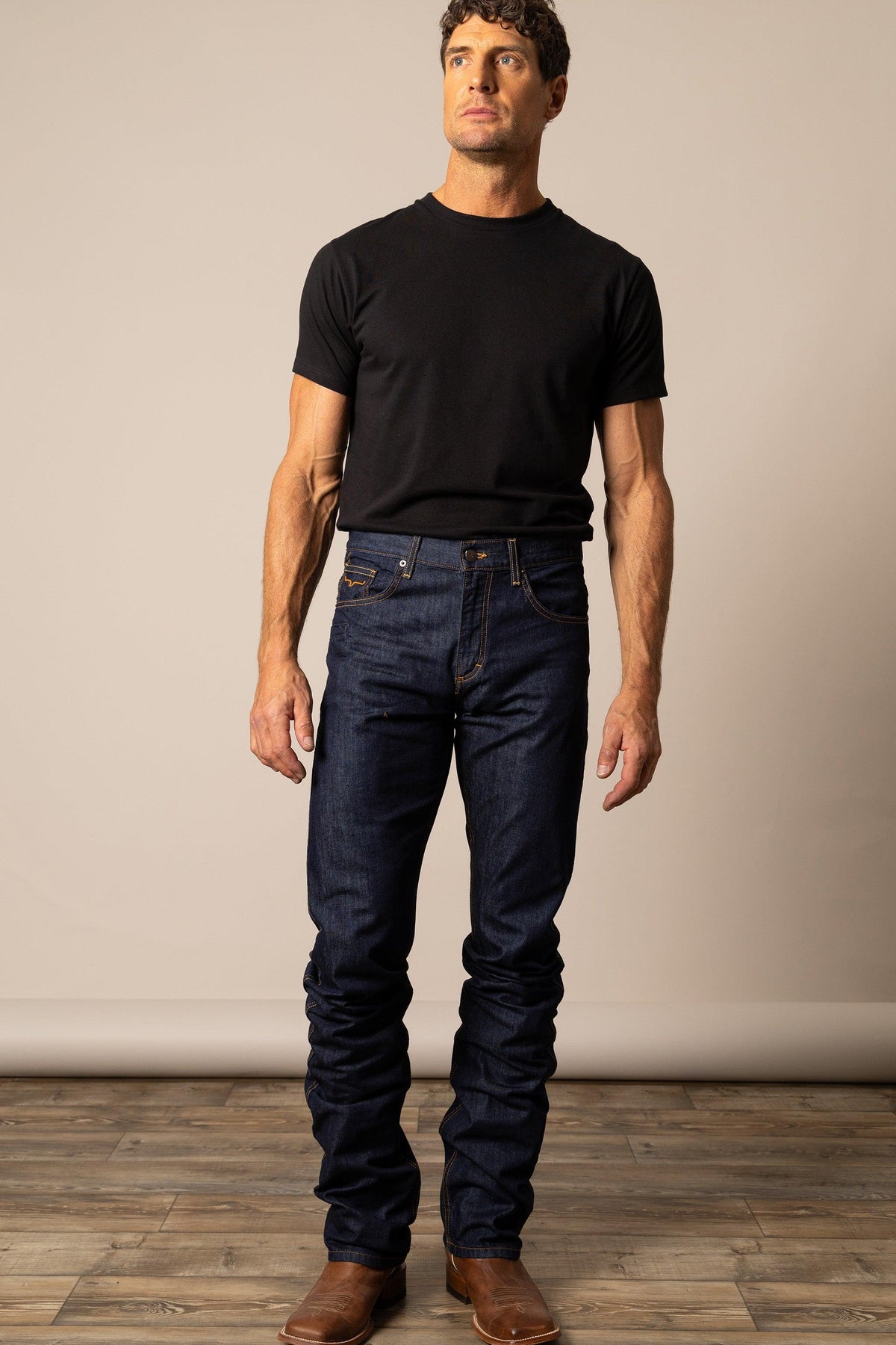 Kimes Ranch Cal Straight Fit Bootcut jeans in dark indigo with contrast stitching and front pockets