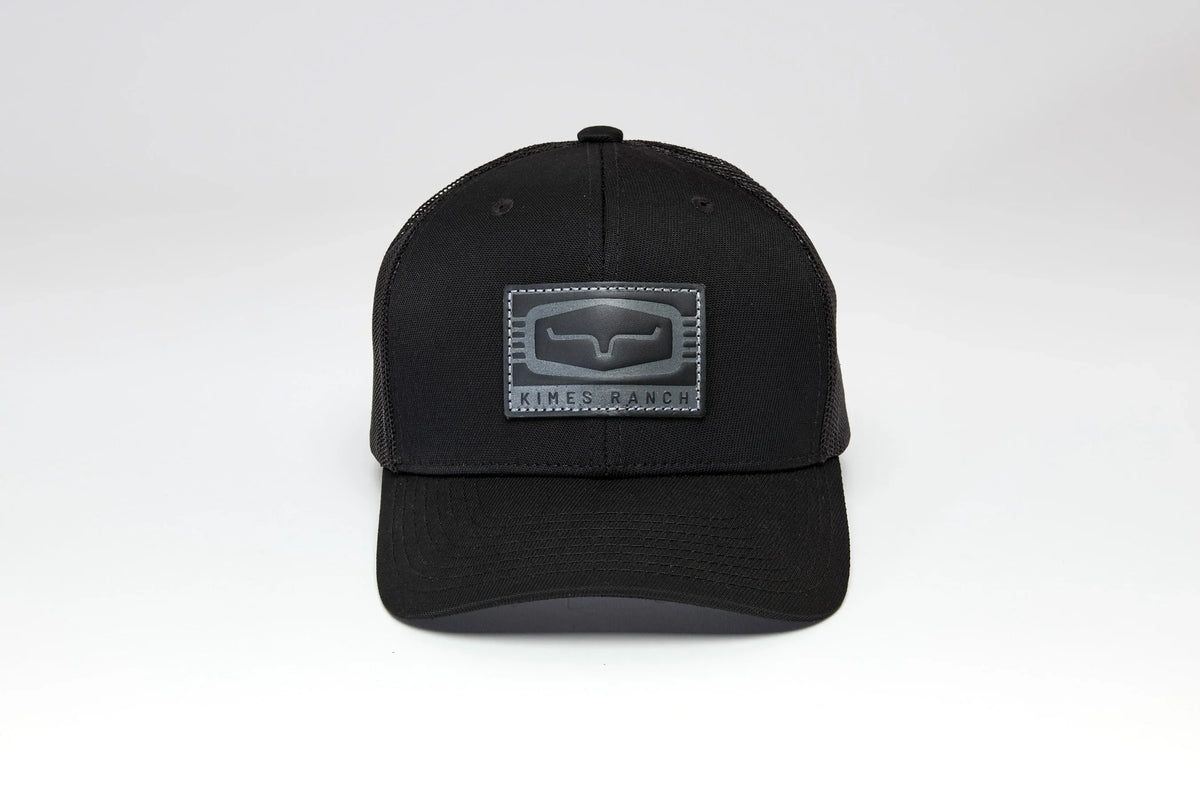 Kimes Ranch Camden Black trucker hat with a front Kimes Ranch logo patch