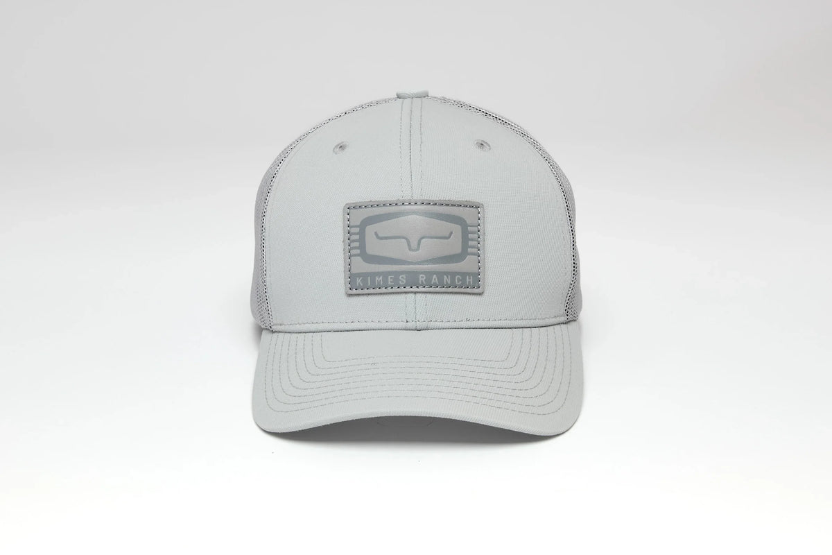 Kimes Ranch Camden Grey trucker hat with mesh back and front logo patch