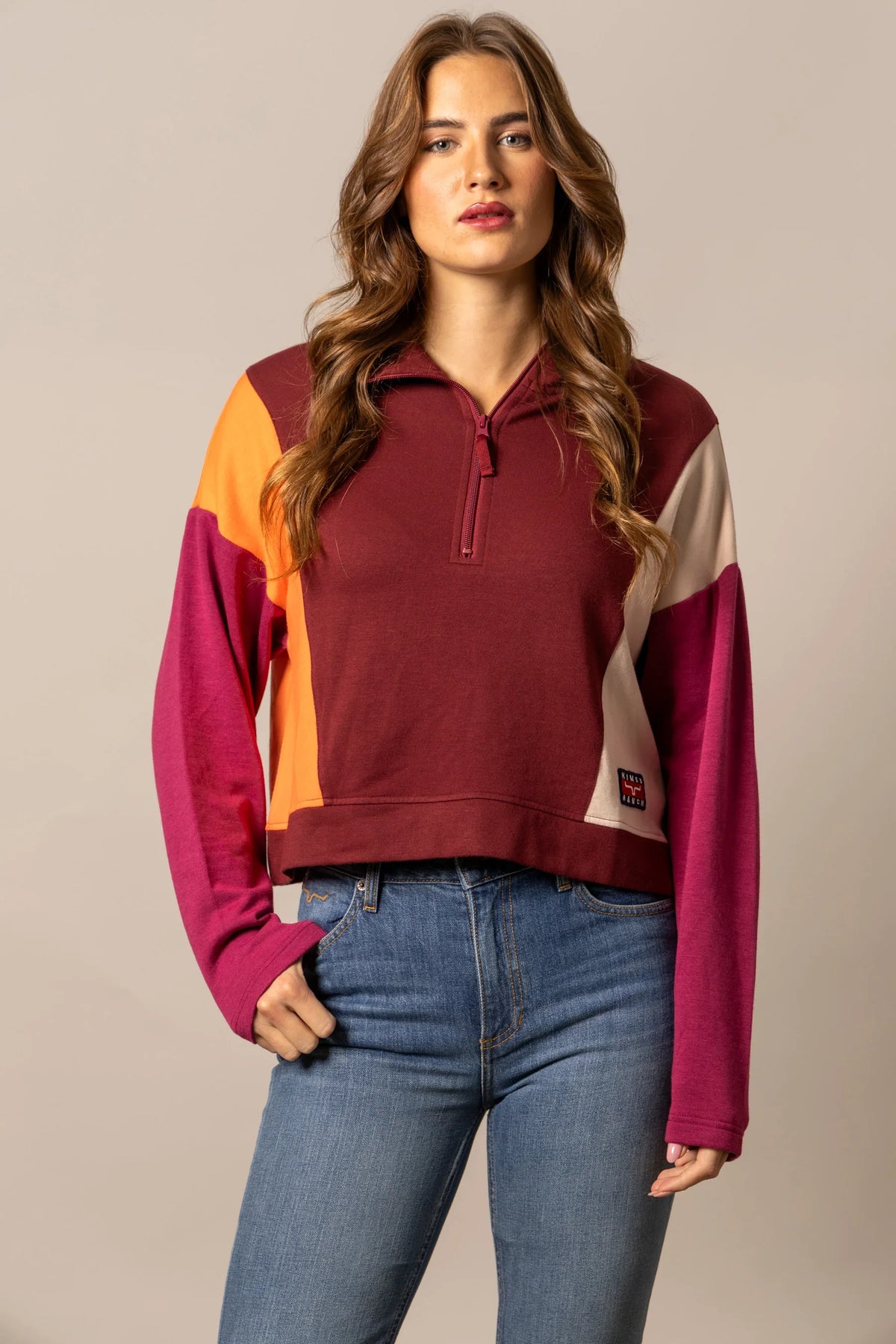 Kimes Ranch Cami Sweater in Maroon with colorblocked sleeves in orange and magenta and a half-zip collar