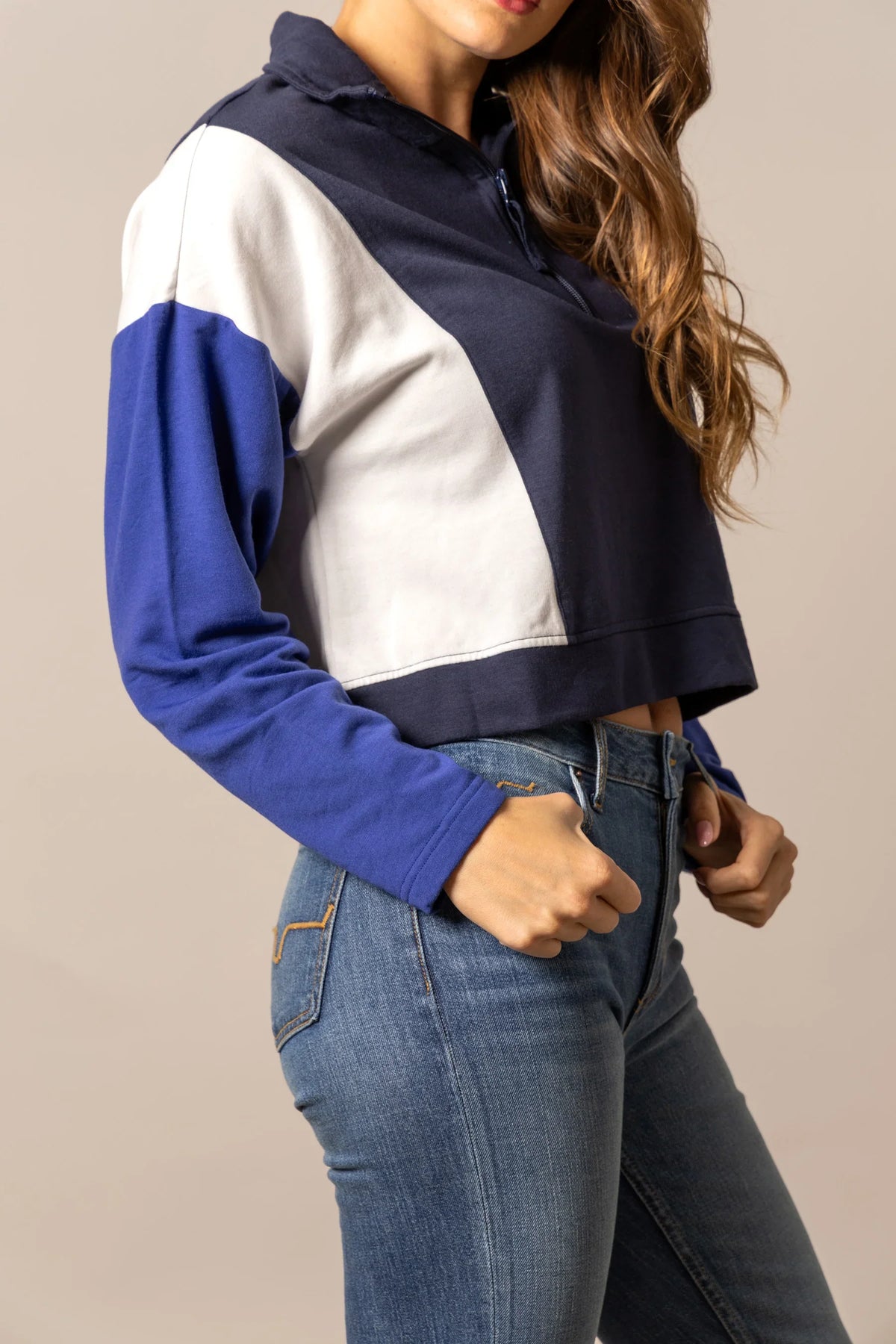 Kimes Ranch Cami Sweater in Navy, side view, with white and blue color block panels and a half-zip collar