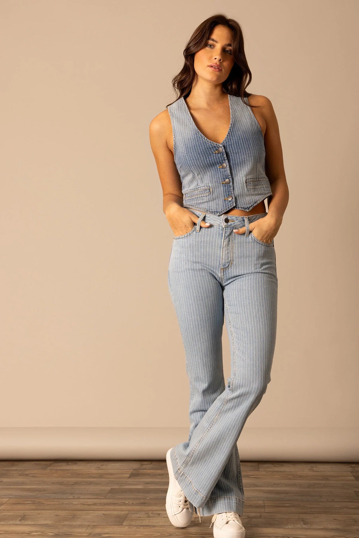 Kimes Ranch Candace Denim Vest in Stripe Denim with a button front and front pockets