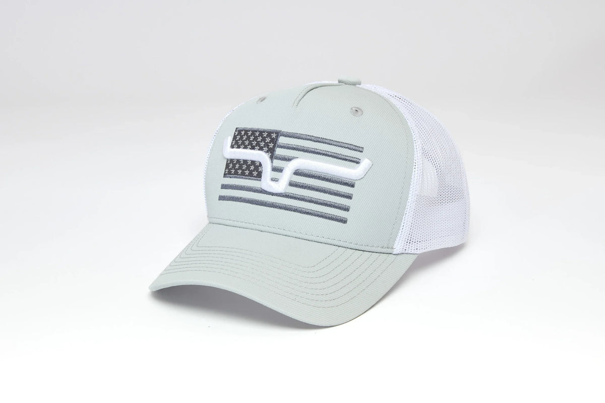 Kimes Ranch Capital hat in Grey with a white mesh back and a thin white line flag graphic on the front