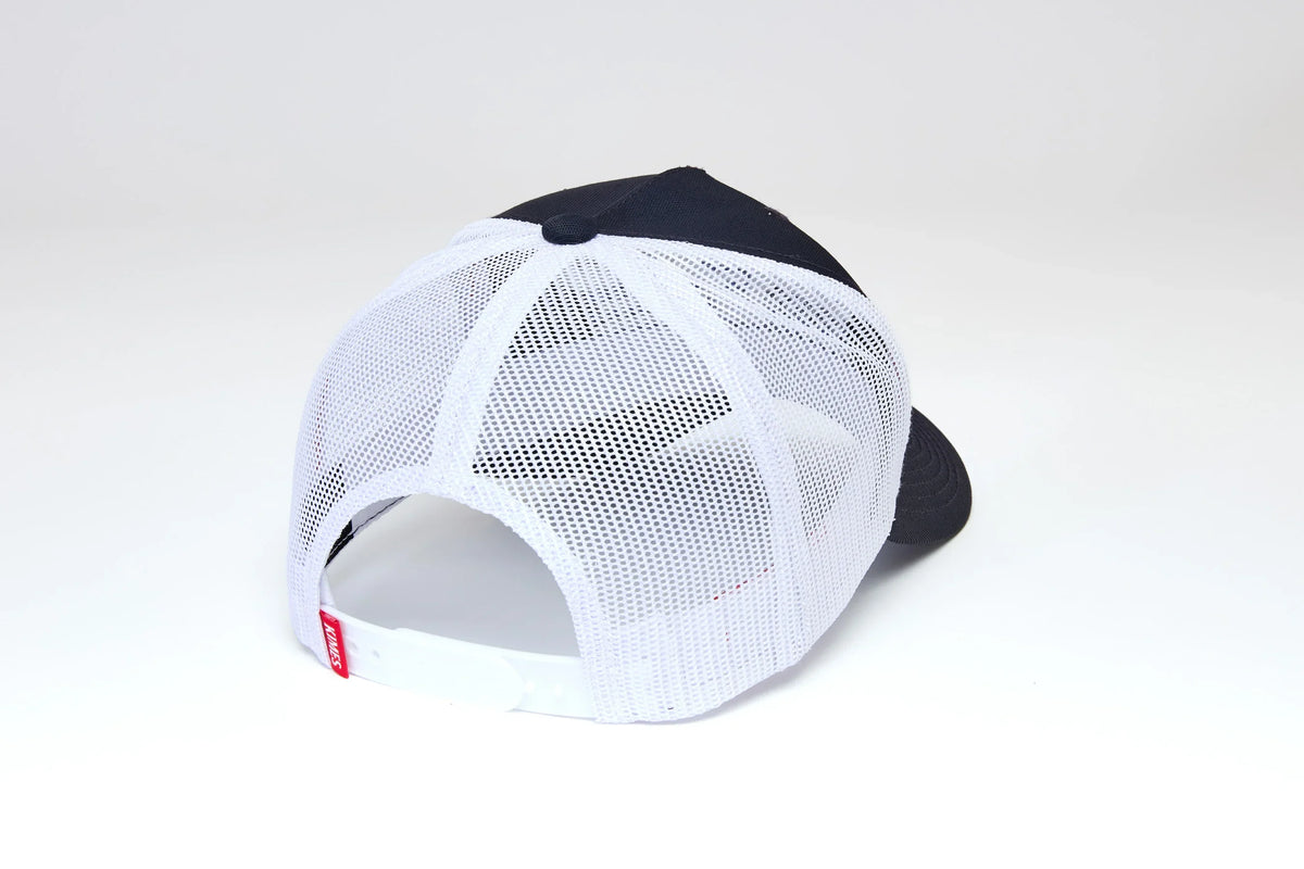 Kimes Ranch Capital hat in Navy, back view, with white mesh back and red logo tag