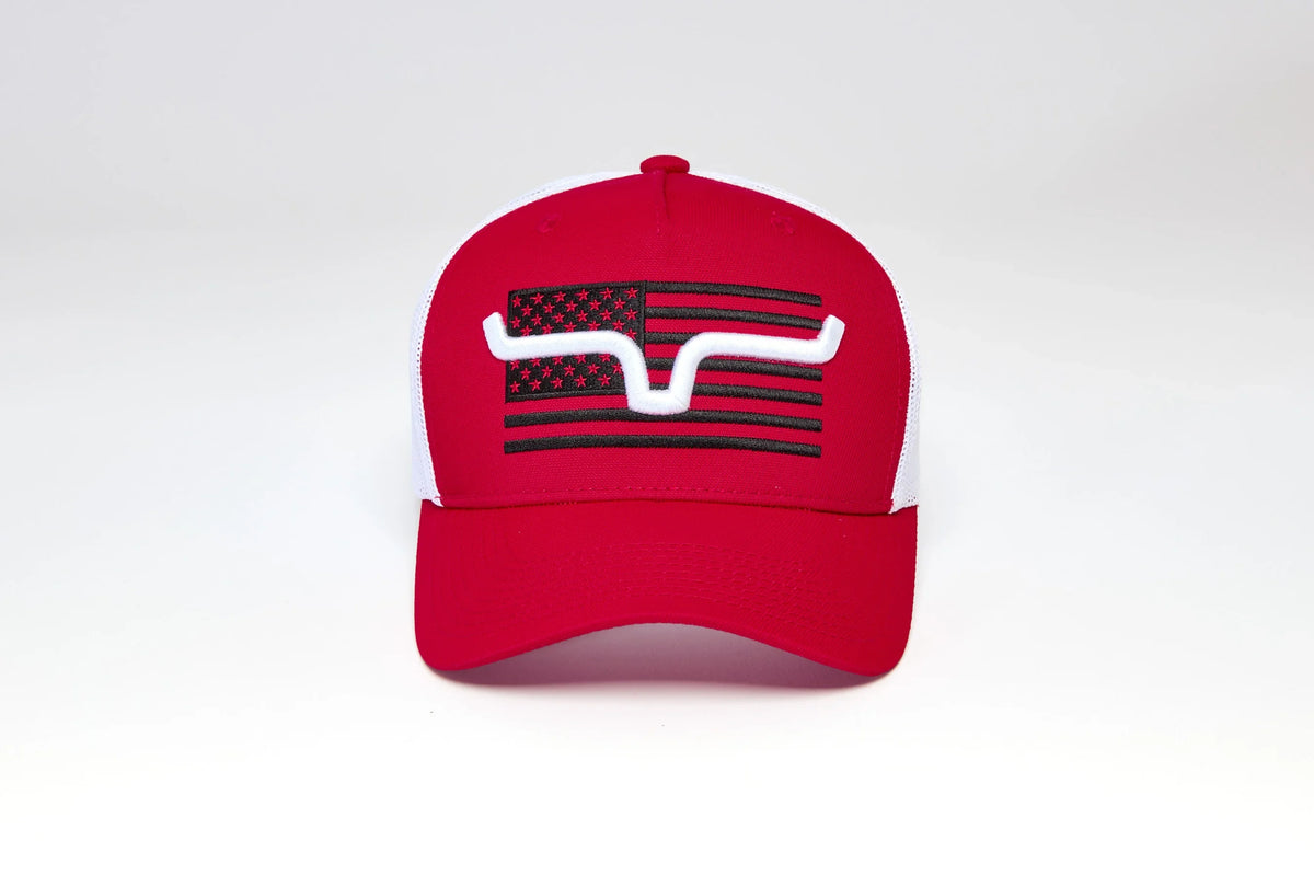 Kimes Ranch Capital hat in Red with a black and white American flag graphic and white Kimes Ranch logo