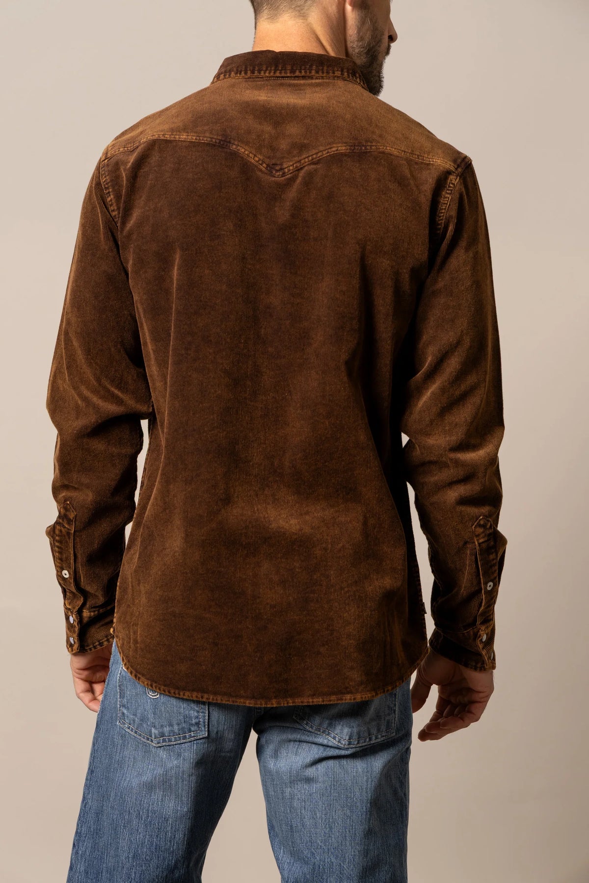 Kimes Ranch Catalina Cord dress shirt in Dark Brown, back view, with long sleeves and button cuffs