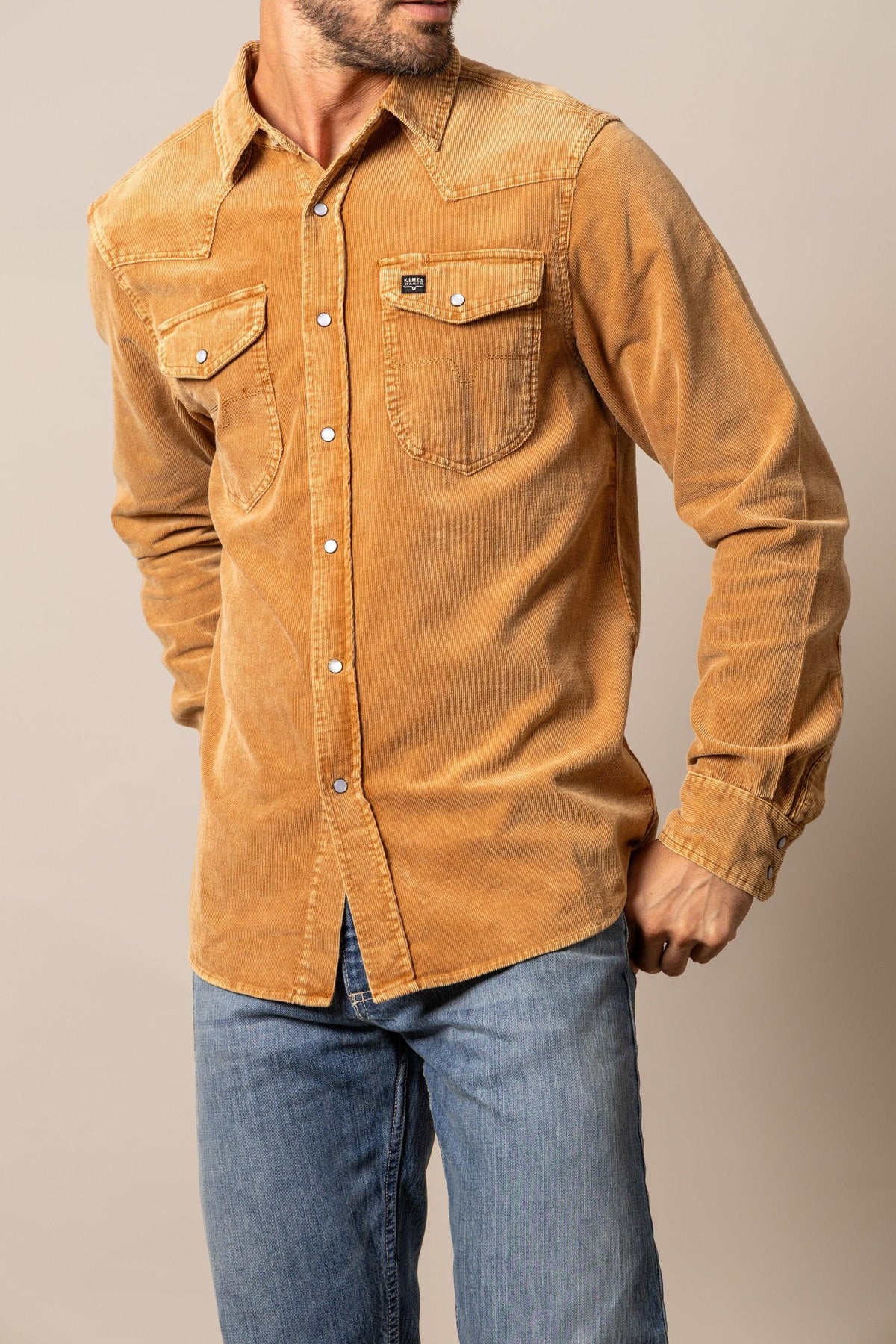 Kimes Ranch Catalina Cord dress shirt in Mustard with chest pockets and snap buttons