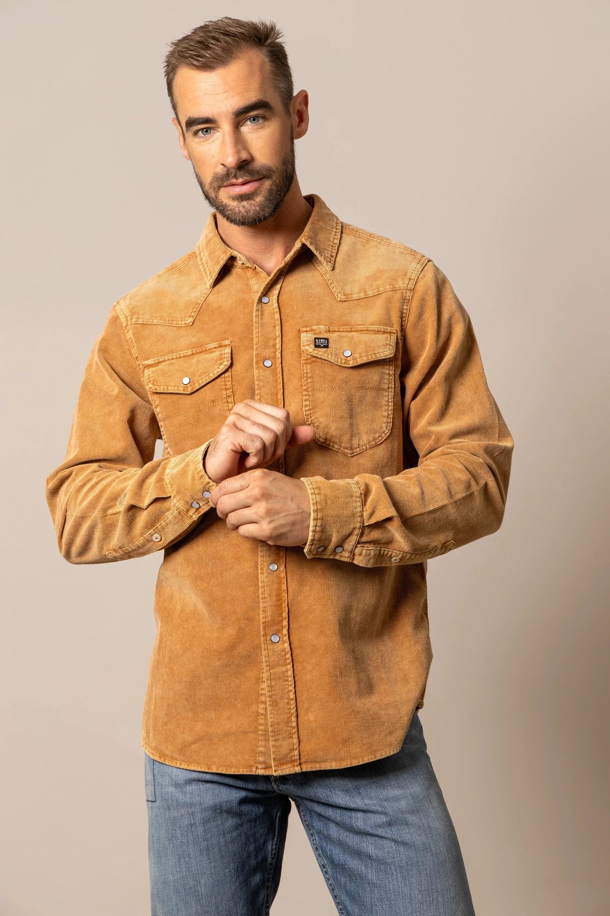 Kimes Ranch Catalina Cord dress shirt in Mustard with snap front and chest pockets
