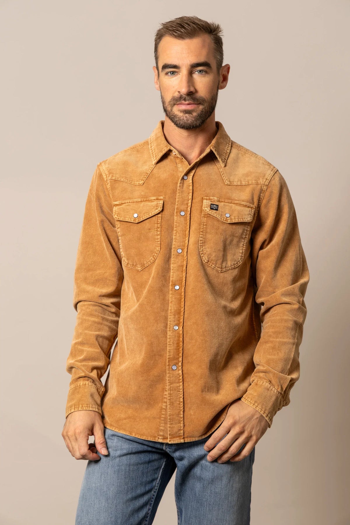 Kimes Ranch Catalina Cord dress shirt in Mustard with snap front and chest pockets